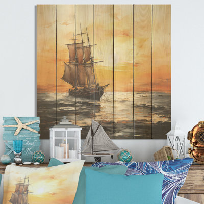 Boat Sailing Into The Sunset - Coastal Sunset On Wood Print