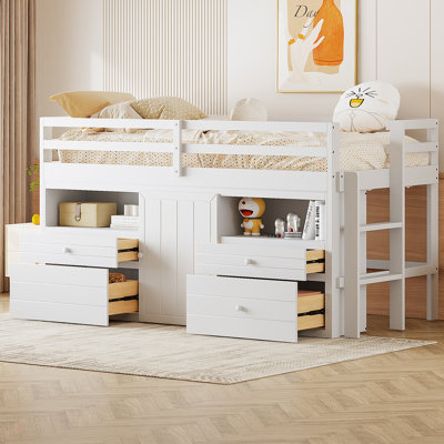 Twin Size Loft Bed With 4 Drawers, Underneath Cabinet And Shelves