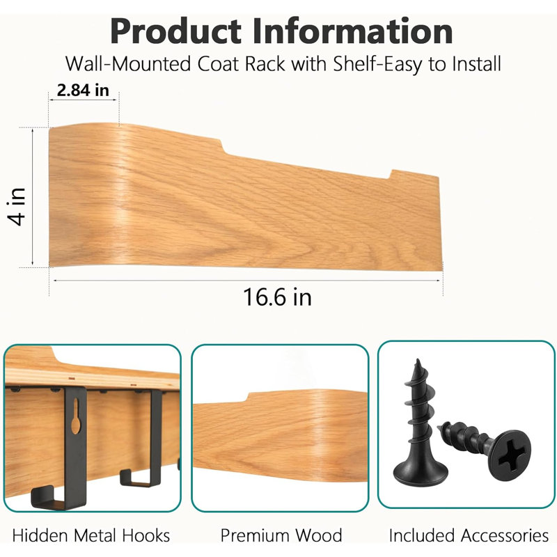 Modern Wood Coat Rack with Hidden Hooks and Entryway Hanging Shelf for Bedroom, Kitchen, Hallway, and Bathroom