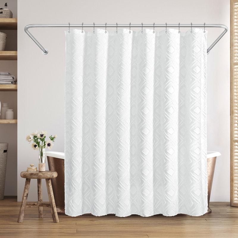 Rideau de douche tissé blanc 71 x 71 avec pampilles et décorations Holbert, Losange