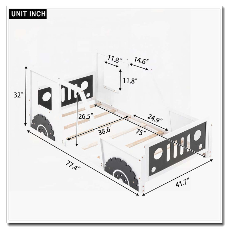 Lit plateforme en forme de voiture avec roulettes, Blanc