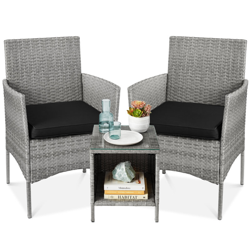 Nasrul 3-Piece Outdoor Wicker Conversation Patio Bistro Set, w/ 2 Chairs, Table, Gray, Black