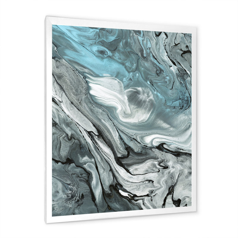 Marbre noir et bleu abstrait I - peinture sur toile, H 21,5 po x l 13,5 po, Cadre blanc