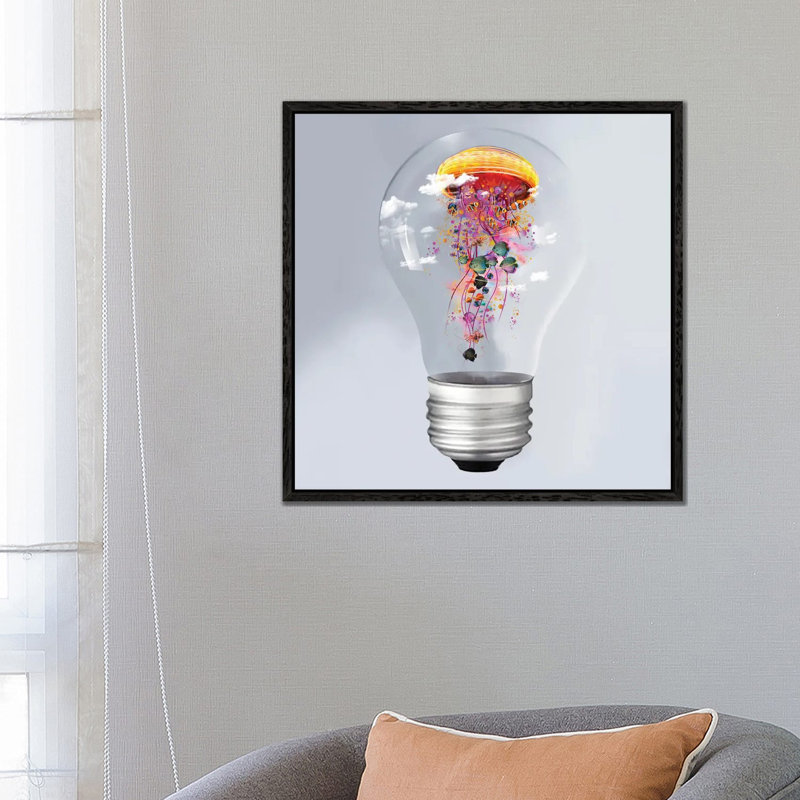 Electric Jellyfish In A Lightbulb by David Loblaw - Print on Canvas, Black Framed, 66.04 cm H x 66.04 cm W