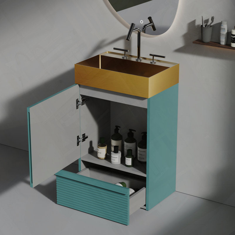 Meuble-lavabo autoportant avec évier intégré en acier inoxydable moderne avec rangement rayé, Turquoise