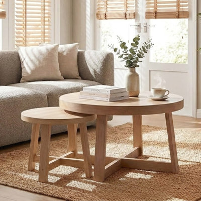 Set of 2 Round Nesting Coffee Tables, Natural Wood Finish Modern Side Tables, X-Shaped Frame Stackable End Tables for Living Room, Bedroom, Balcony
