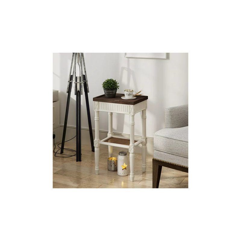 Psomas Rustic Farmhouse Square End Table, Distressed Side Table with Espresso Tray Top & Woven Shelf, White