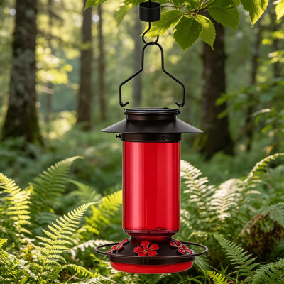 Solar Hummingbird Feeder For Outdoors, Hanging Glass 21 Ounce With 5 Bee Guard Feeding Ports And Ant Moat, Leak-Proof Red Design With Built-In Solar Lantern
