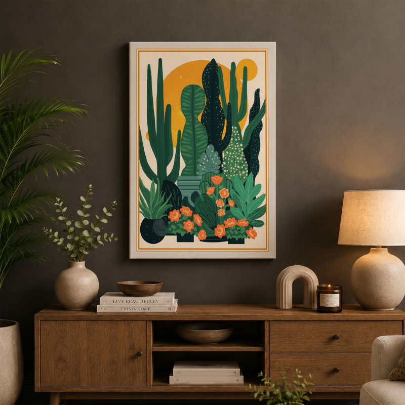 Desert Landscape Botanical - Wrapped Canvas, 36x24 - 91.4 x 61.0 cm, Taupe Border