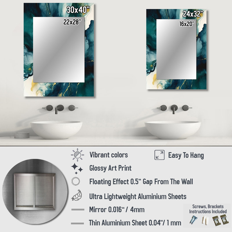 Kilgo Dark Blue and Gold Strokes XIX - Fractals Unique Wall Mirror Decor, Modern Large Mirror, Printed Metal Art, 32" x 24"