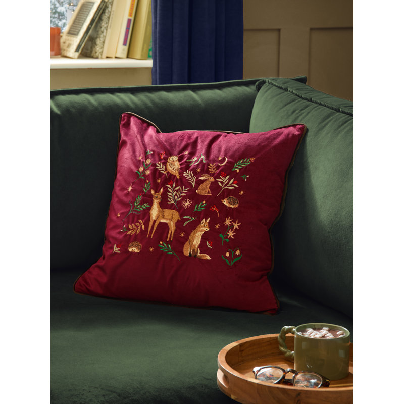 Berry Woods  Embroidered Velvet Cushion Cover, Red