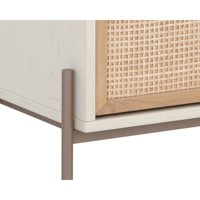 Cream Oak and Rattan 2-Drawer Nightstand with Gold Iron Legs