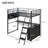 Metal Loft Bed with LED, Desk and 4 Storage Shelves, Black-1070968449