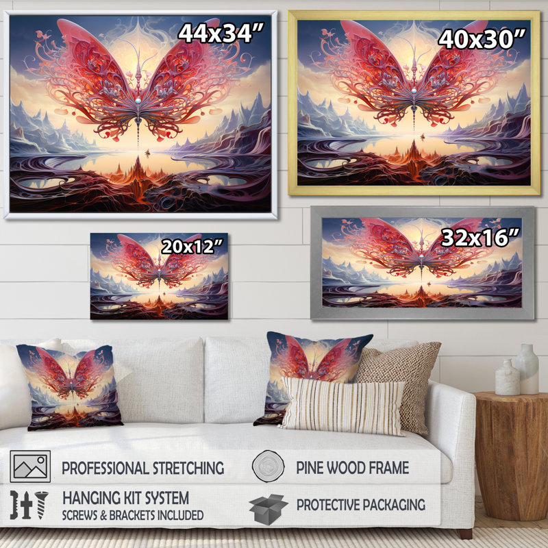 Papillon rose majestueux et futuriste, Cadre doré simple, H 24 po x l 32 po x P 1 po