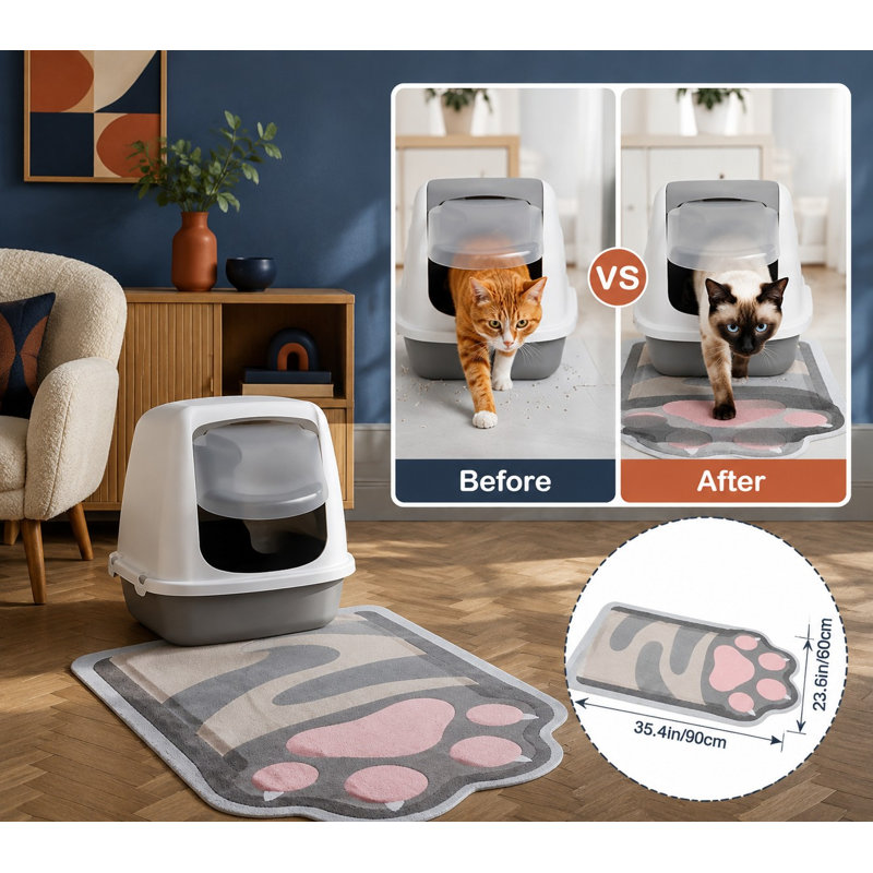 This large 33.5 x 22.4 in litter mat uses soft PVC loop mesh for litter trapping and non-slip backing, providing easy-clean floor protection while also serving as home decor.