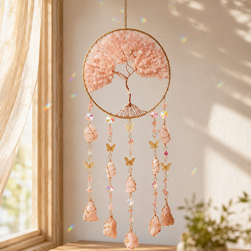 Carillon de fenêtre en cristal rose, fenêtre de cristal suspendue, décor de créateur arc-en-ciel, ornement spirituel boho