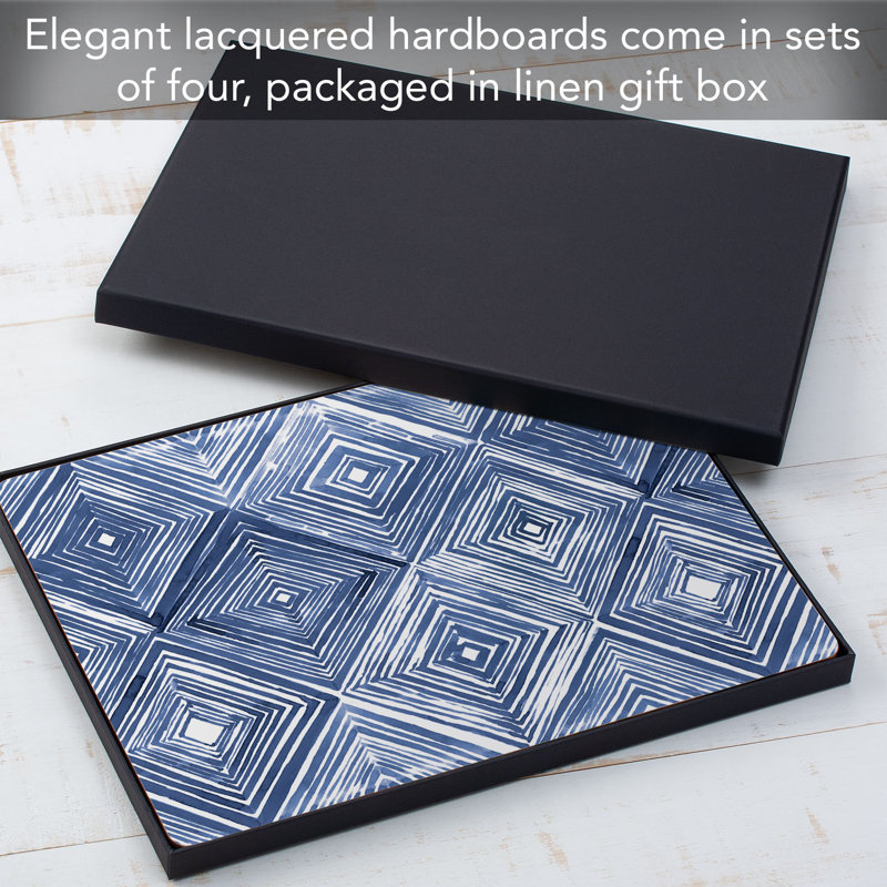 Blue and White Geometric Hardboard Placemats with Cork Backing, Set of 4