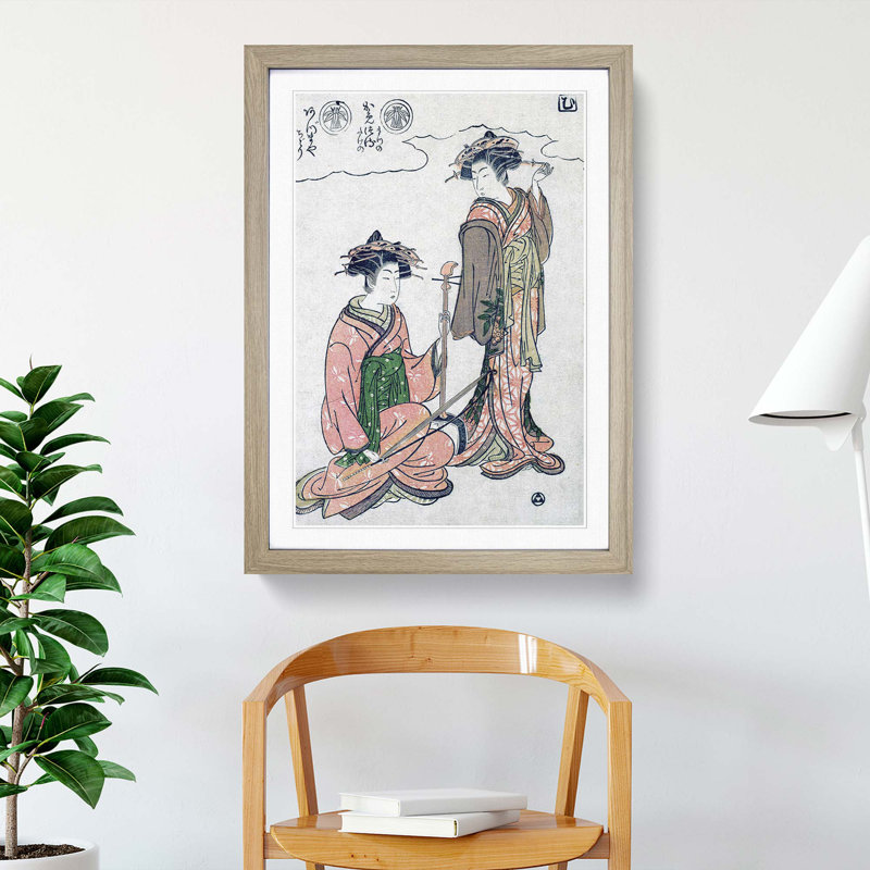 Two Geisha by Isoda Koryusai - Picture Frame Painting Print, 36cm H x 27cm W x 2cm D, Oak Framed
