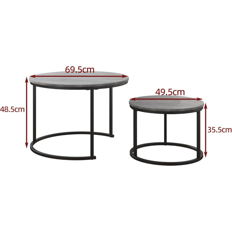 Nesting Round Coffee Table Set Of 2 End Tables For Living Room,Grey Coffee Table Wooden Accent Furniture With Metal Frame,Stacking Side Tables,Black+Warm Grey