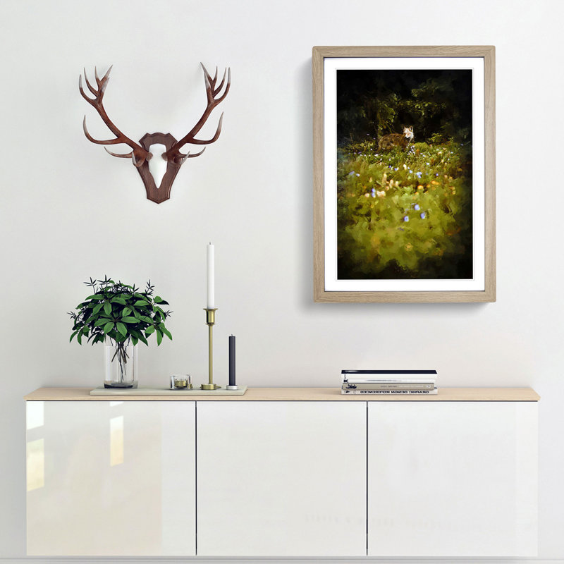 Fox in the Springtime in Abstract - Picture Frame Graphic Art Print, 87cm H x 62cm W x 2cm D, Oak Framed