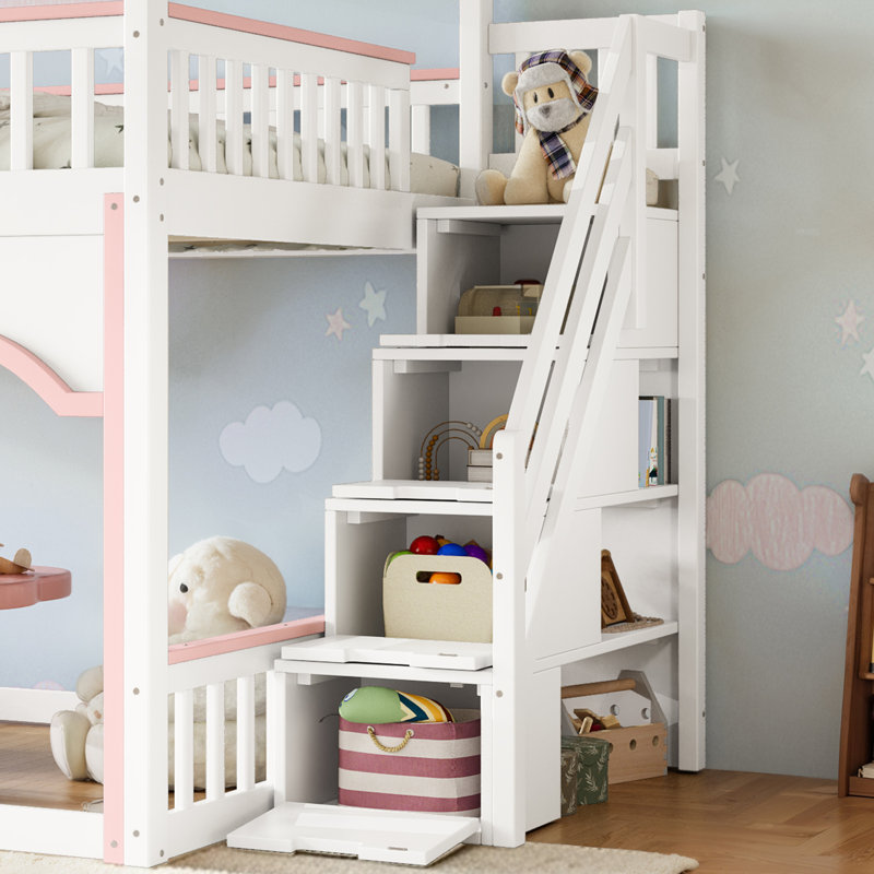 Lit superposé double avec escalier de rangement, fenêtre et tablette latérale, espace inférieur convertible, bois massif, blanc et rose