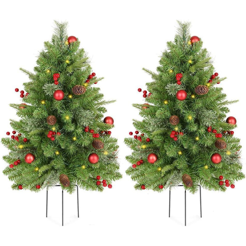 3 ft / 90cm Outdoor Christmas Tree Set of 2, Pre-Lit Artificial Trees with Metal Stakes