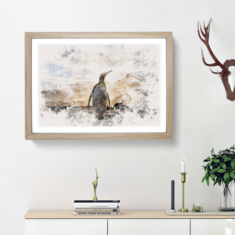 King Penguin - Picture Frame Painting Print, 24cm H x 33cm W x 2cm D, Oak Framed