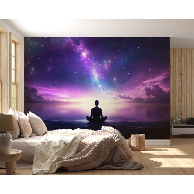 Papier peint méditation galaxie, silhouette d'homme sous un ciel étoilé, scène de tranquillité d'univers cosmique, art mural spirituel de rêve pour salle de yoga, espace zen Mindfulness