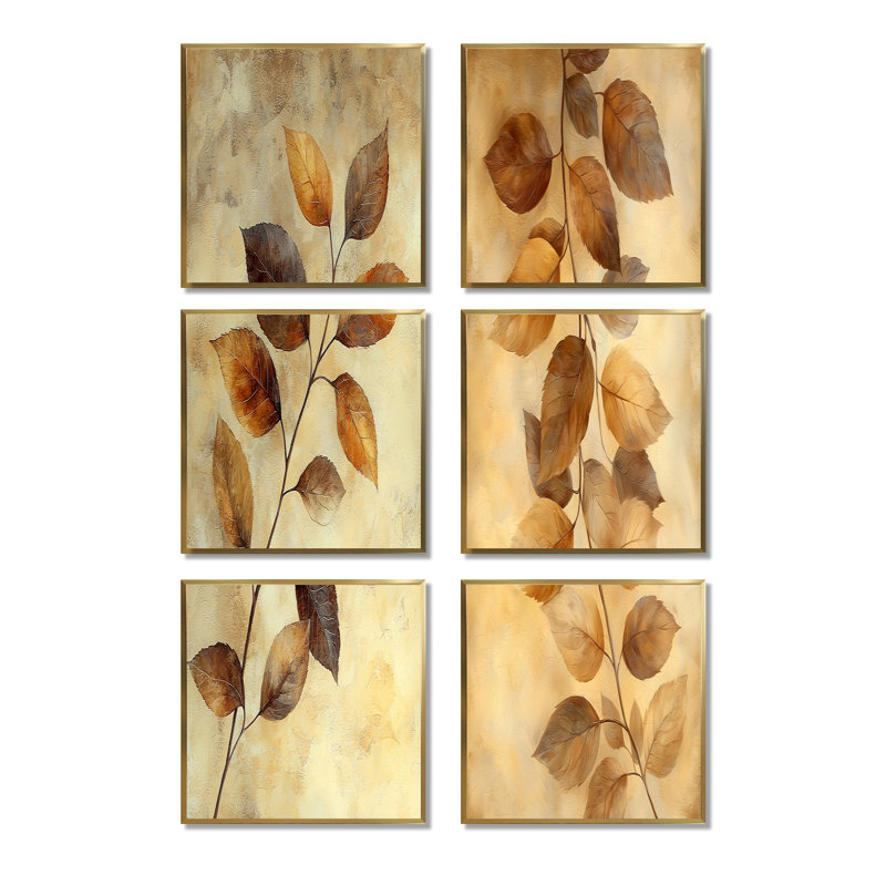 Gussie - Ensemble de 6 impressions sur toile florales, Impression encadrée sans passe-partout, Doré