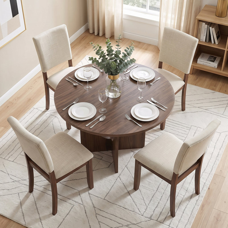 Table de salle à manger ronde de style transitionnel de 119 cm (47 po) avec pied central en forme de U, Walnut