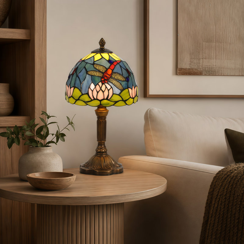 Lampe de table 14,17 po libellule et lotus, interrupteur en ligne avec prise chaude E26 incluse
