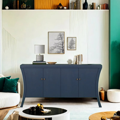 Four-door Black Storage Cabinet With Curved Wood Legs And Bronze Fasteners