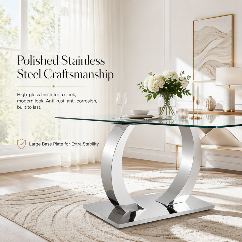 63-Inch Rectangular Tempered Glass Dining Table, Silver+Transparent