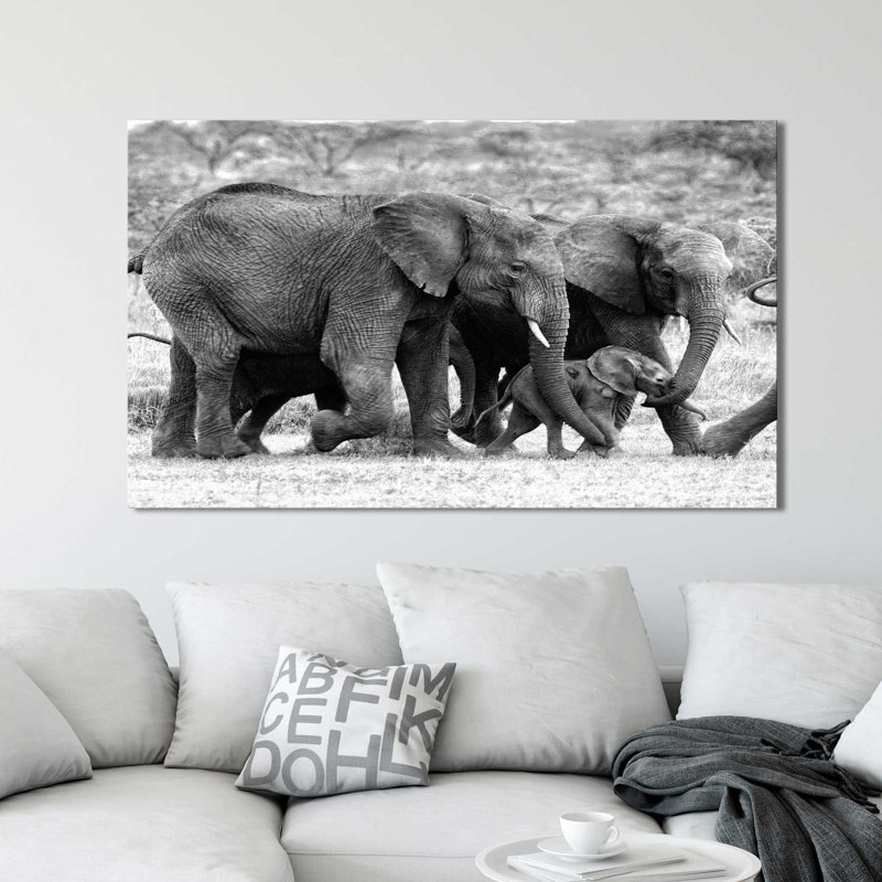 Famille d'éléphants, reproduction de photo, H 18 po x l 30 po x P 1 po, Toile tendue