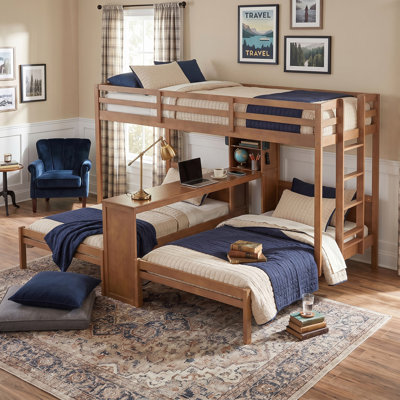 Twin Over Twin&Twin Bunk Bed With Built-In Desk And Storage Shelves For 3, Reading Lamp,3 Beds In 1 Design, Natural Solid Wood Frame