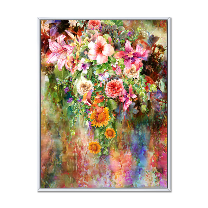 Grunge rose vert fleurs d'été VI - Art mural sur toile traditionnel, H 12 po x l 8 po x P 1 po, Cadre flottant blanc