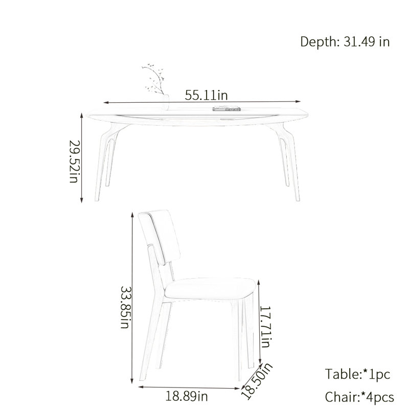 Durable rock plate dining table sets, 29.52"H x 55.11"L x 31.49"W