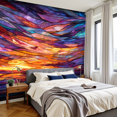 Peel and Stick Wallpaper Colorful Stained Glass Waves Sunset Scene Wall Murals 100"H x 144"W Removable PVC Wall Paper Self-Adhesive Wall Decor for Bedroom Living Room Home Office