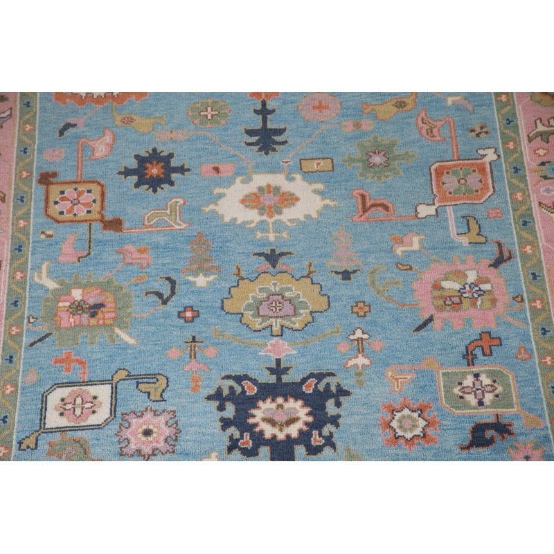 Tapis oriental bleu clair et rose Oushak 8 x 10