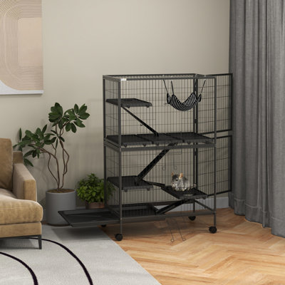 Petite maisonnette 50 po pour 5 animaux - Chinchilla et furet avec accessoire, 4 portes, plateau hygiénique détachable pour nettoyage hygiénique, acier, casserole lavable gris et gris, acier robuste
