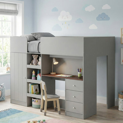 Solid Wood Full Size Loft Bed with Built-in Wardrobe, Desk, Storage Shelves and Drawers for Bedroom