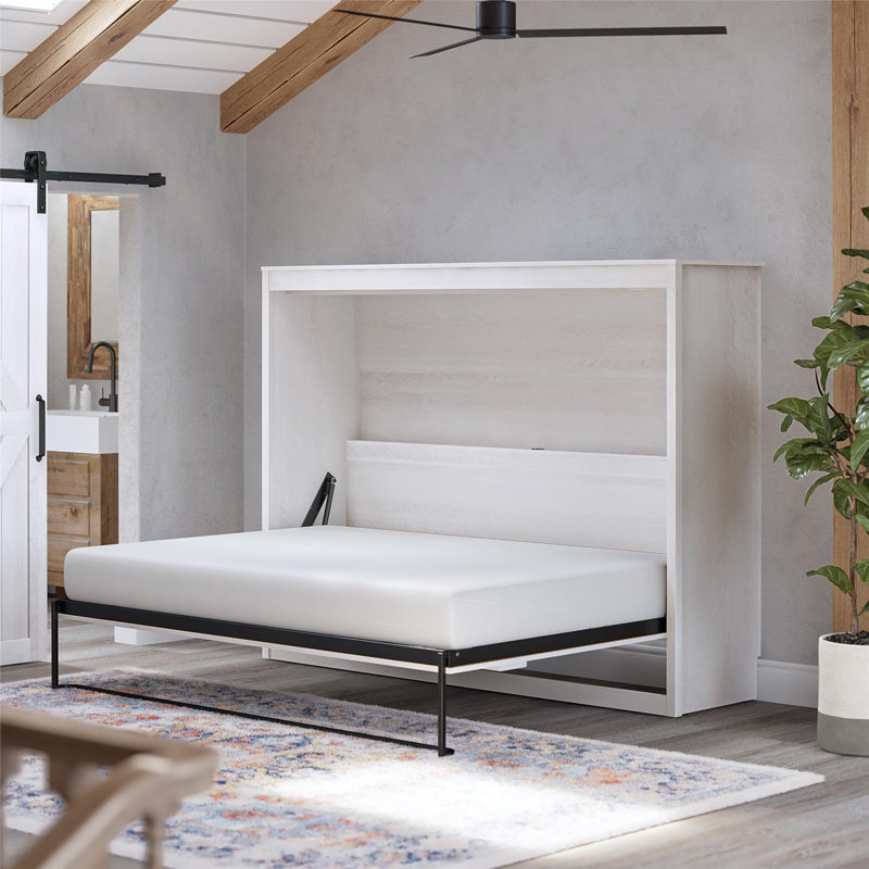 Lit escamotable Elwina avec lit galerie et tablette tactile, Chêne peint ivoire