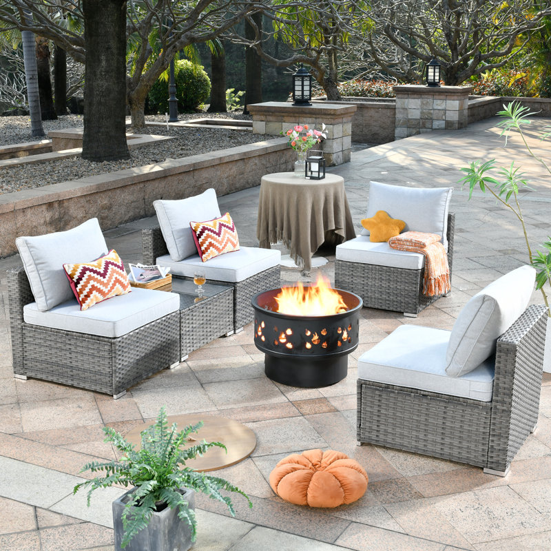 Paleosofos Wicker 4 - Person Modular Patio Conversation Set with Cushions, Gray White