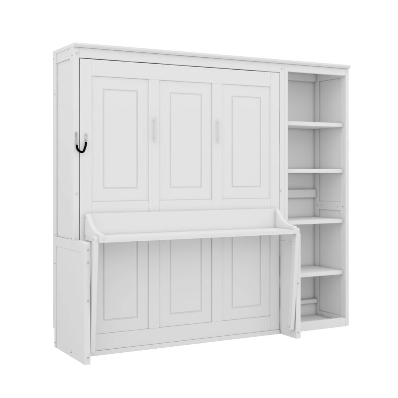 Lit escamotable avec bureau intégré et bibliothèque intégrée, Blanc, Grand