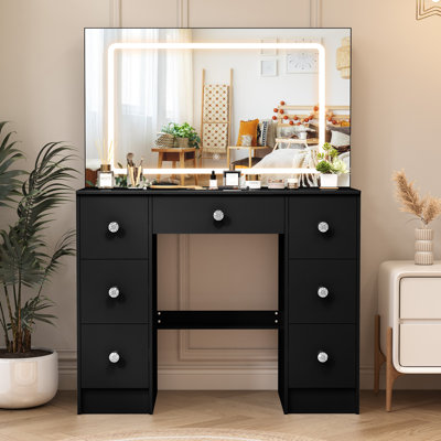 Ensemble de coiffeuse avec grandes lumières DEL et miroir, 3 modes de couleur, bureau de coiffeuse noir avec 7 tiroirs