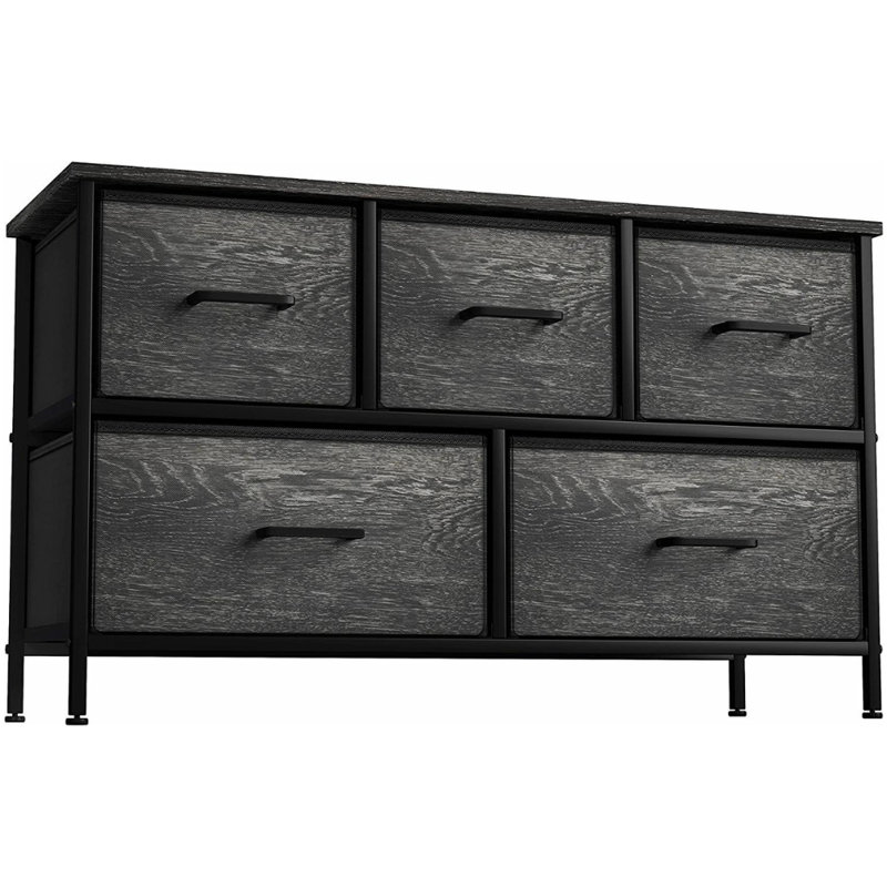Black Fabric and Wood 5-Drawer Horizontal Dresser