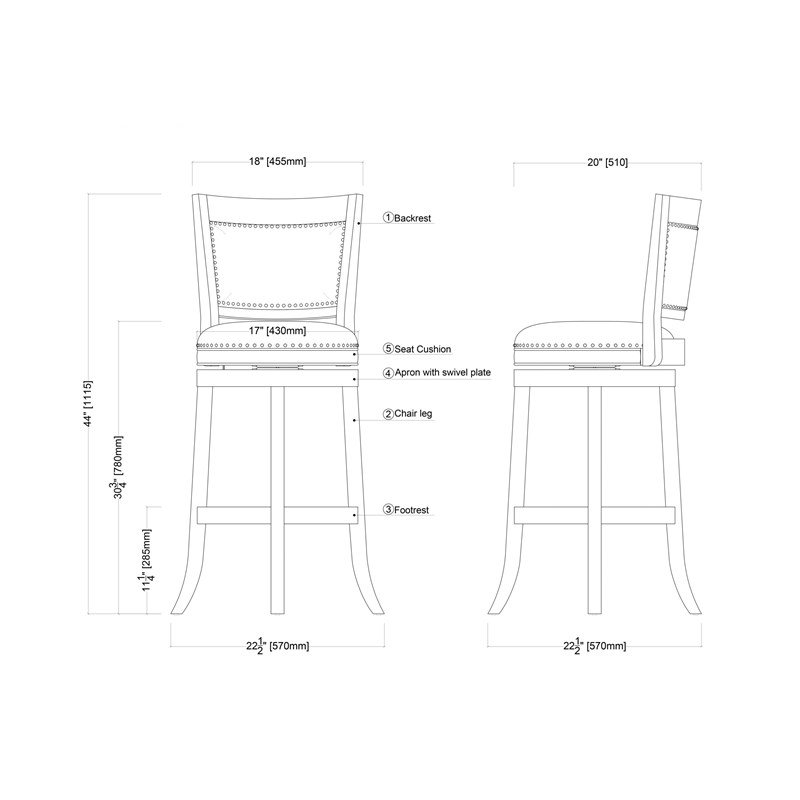  Tête de clou pivotante en similicuir, Extra Tall (44" Seat Height)