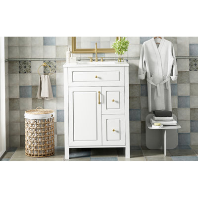 Meuble-lavabo de 24 pouces avec lavabo en céramique, 1 porte à fermeture en douceur, 2 tiroirs à fermeture en douceur et 2 supports de rangement sur la porte