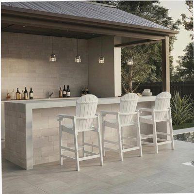 All-Weather HDPE Bar Height Adirondack Chair, Outdoor Patio Bar Chair with Armrests & Cup Holder, UV/Weather Resistant, White (WH)