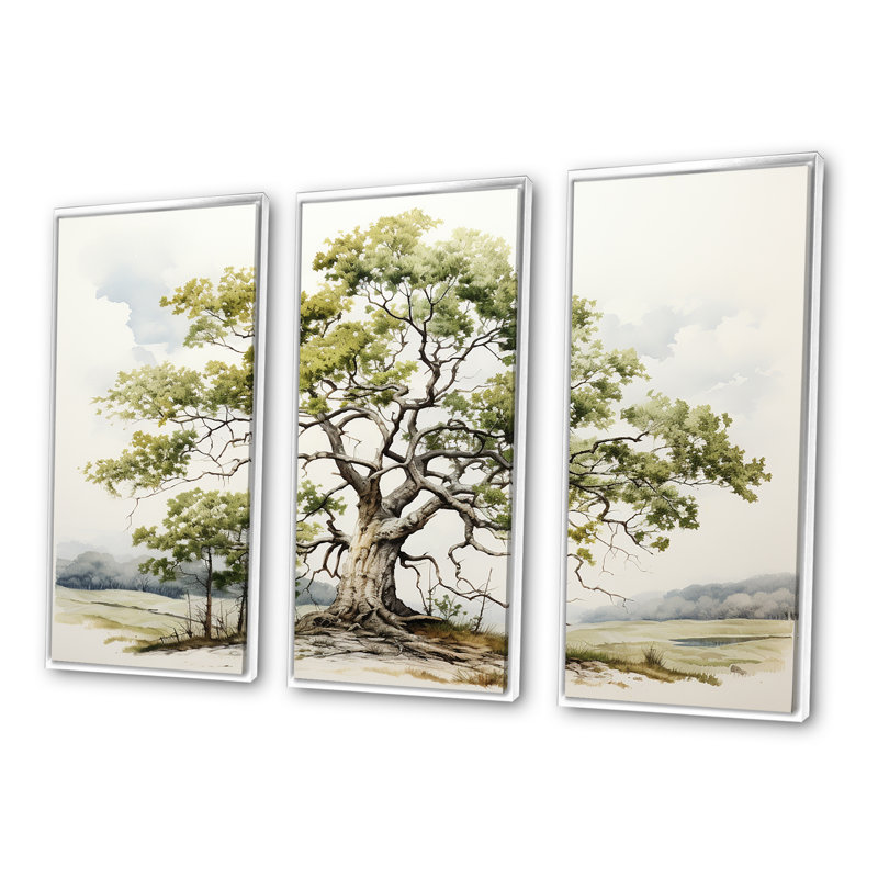 Oak Trees In Monochromatic Palette - Tree Oak Wall Art Set, White Floater Framed, 32" H x 48" W x 1" D